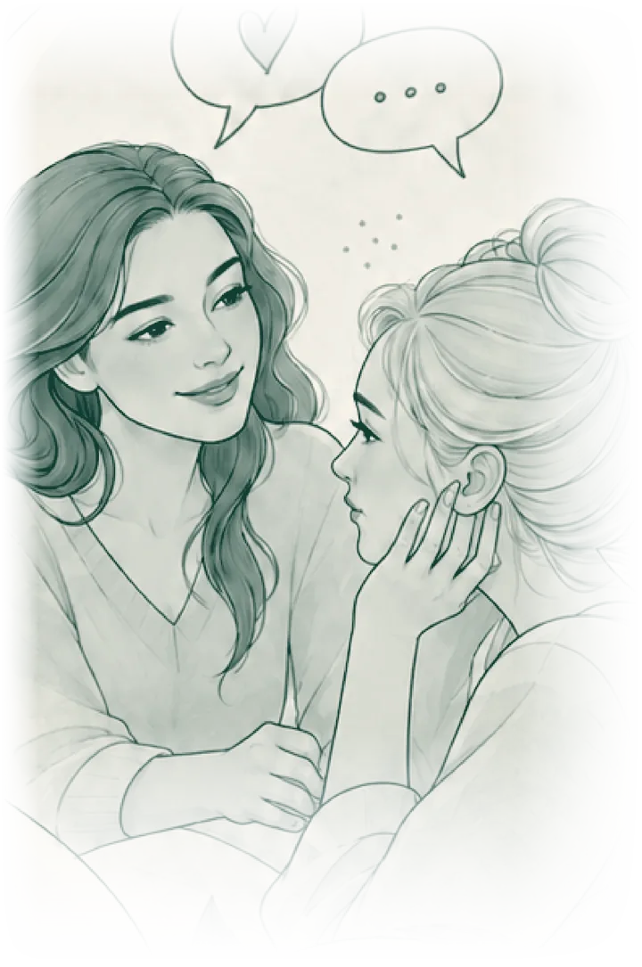 Ilustração em aquarela de duas mulheres conversando com carinho, uma tocando o rosto da outra, com balões de fala acima.